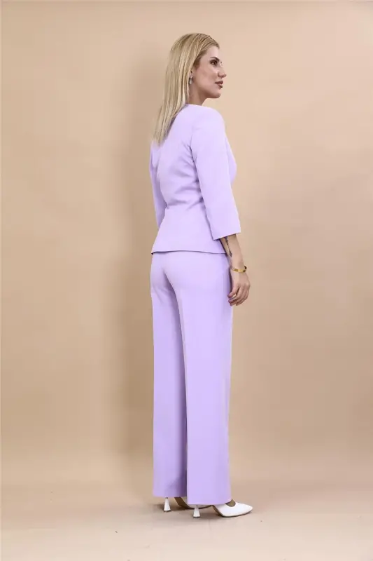 Oval Yaka Kısa Ceket & Bol Paça Pantolon Takım-Menekşe-Açık Lila - 4