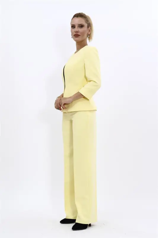 Sıfır Yaka Düz Kısa Ceket & Bol Paça Pantolon Takım-Sarı - Sarı - 3