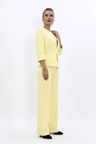 Oval Yaka Kısa Ceket & Bol Paça Pantolon Takım-Sarı-Sarı - 5
