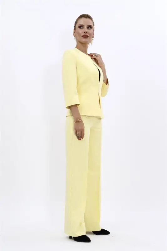 Oval Yaka Kısa Ceket & Bol Paça Pantolon Takım-Sarı-Sarı - 5