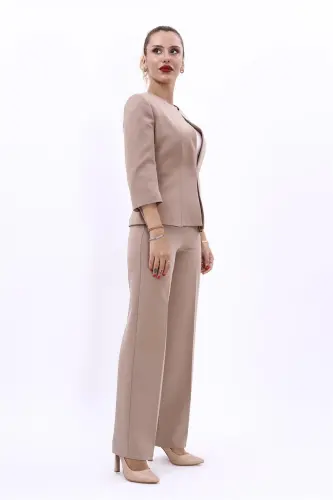 Oval Yaka Kısa Ceket & Bol Paça Pantolon Takım-Taş-Taş - 3