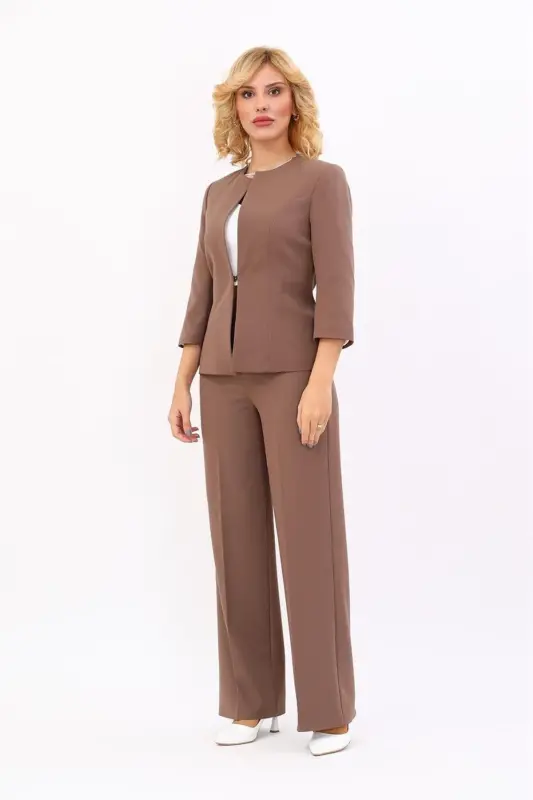 Sıfır Yaka Düz Kısa Ceket & Bol Paça Pantolon Takım-Kahve-Kahve - 1