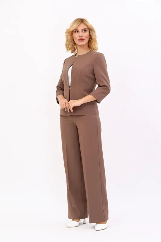 Sıfır Yaka Düz Kısa Ceket & Bol Paça Pantolon Takım-Kahve-Kahve - 2
