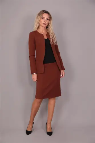 Oval Yaka Uzun Ceket & Kalem Etek Takım-Kestane-Kestane - 4