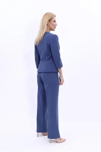 Oval Yoqali Qisqa Ko'ylagi & Keng Oyoqli Shim Takimi - indigo - 4