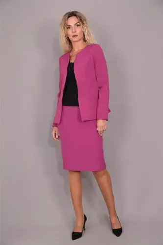 Oval yoqali uzun palto & qalam yubka kostyumi-Fuchsia-Fuchsia - 3