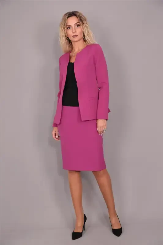 Oval yoqali uzun palto & qalam yubka kostyumi-Fuchsia-Fuchsia - 3