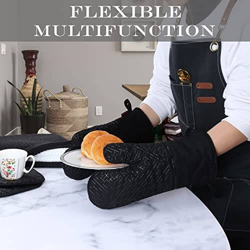 Oven Mitts and Pot Holders Set 6pcs, Kitchen Oven Glove,High Heat Resistant 550 Degree Extra Long Oven Mitts and Potholder with Non-Slip Silicone Surface for Cooking Baking Grilling... - 3