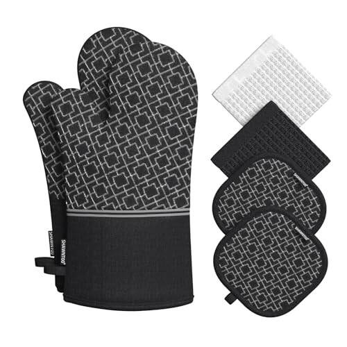 Oven Mitts and Pot Holders Set 6pcs, Kitchen Oven Glove,High Heat Resistant 550 Degree Extra Long Oven Mitts and Potholder with Non-Slip Silicone Surface for Cooking Baking Grilling... - 7