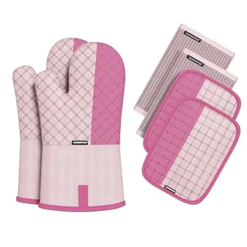 Oven Mitts and Pot Holders Sets 6pcs, Kitchen Oven Glove,High Heat Resistant 550 Degree Extra Long Oven Mitts and Potholders with Non-Slip Silicone Surface for Home Essentials (Grey) (Barbie Pink) - SHAWNTOO