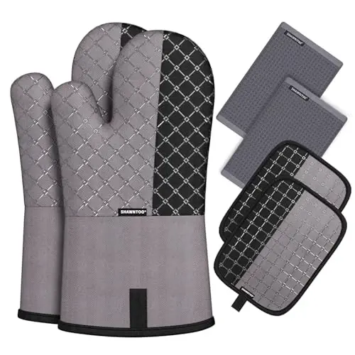 Oven Mitts and Pot Holders Sets 6pcs, Kitchen Oven Glove,High Heat Resistant 550 Degree Extra Long Oven Mitts and Potholders with Non-Slip Silicone Surface for Home Essentials (Grey) (Charcoal Grey) 