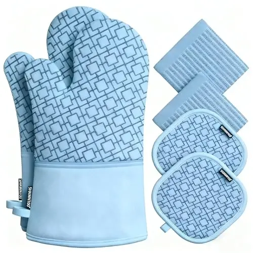 Oven Mitts and Pot Holders Sets 6pcs, Kitchen Oven Glove,High Heat Resistant 550 Degree Extra Long Oven Mitts and Potholders with Non-Slip Silicone Surface for Home Essentials (Grey) (Fog Blue) - 1