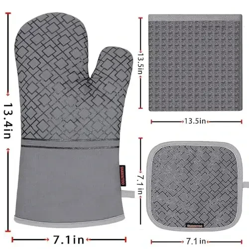 Oven Mitts and Pot Holders Sets 6pcs, Kitchen Oven Glove,High Heat Resistant 550 Degree Extra Long Oven Mitts and Potholders with Non-Slip Silicone Surface for Home Essentials (Grey) (Gray) - 2
