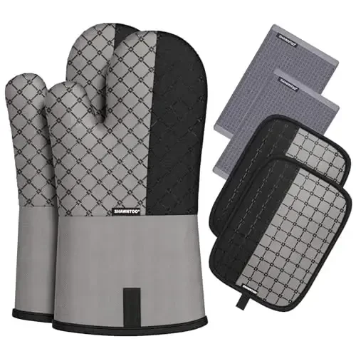 Oven Mitts and Pot Holders Sets 6pcs, Kitchen Oven Glove,High Heat Resistant 550 Degree Extra Long Oven Mitts and Potholders with Non-Slip Silicone Surface for Home Essentials (Grey) (Gray 2) - MODAZONE
