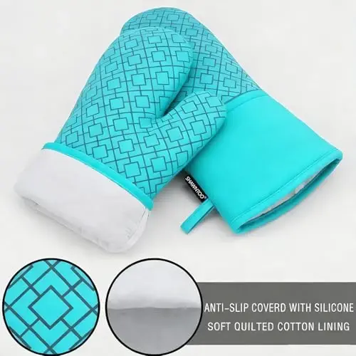 Oven Mitts and Pot Holders Sets 6pcs, Kitchen Oven Glove,High Heat Resistant 550 Degree Extra Long Oven Mitts and Potholders with Non-Slip Silicone Surface for Home Essentials (Grey) (Ice Blue) - 3