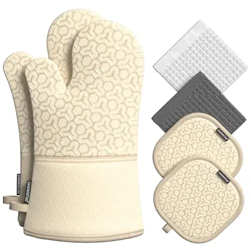 Oven Mitts and Pot Holders Sets 6pcs, Kitchen Oven Glove,High Heat Resistant 550 Degree Extra Long Oven Mitts and Potholders with Non-Slip Silicone Surface for Home Essentials (Grey) (Khaki) - 1