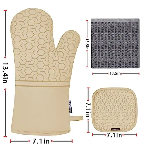 Oven Mitts and Pot Holders Sets 6pcs, Kitchen Oven Glove,High Heat Resistant 550 Degree Extra Long Oven Mitts and Potholders with Non-Slip Silicone Surface for Home Essentials (Grey) (Khaki) - 2