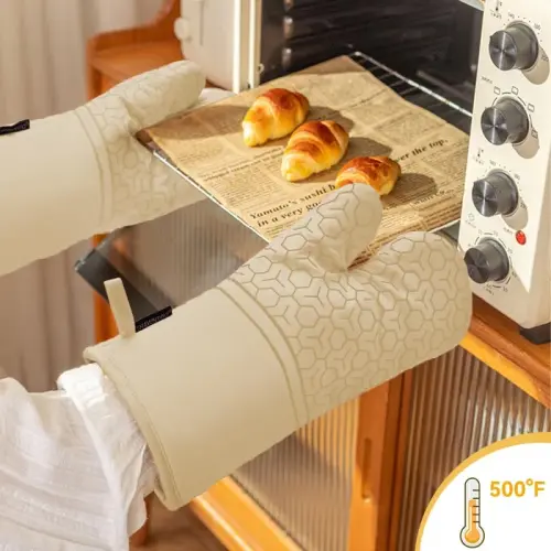 Oven Mitts and Pot Holders Sets 6pcs, Kitchen Oven Glove,High Heat Resistant 550 Degree Extra Long Oven Mitts and Potholders with Non-Slip Silicone Surface for Home Essentials (Grey) (Khaki) - 4