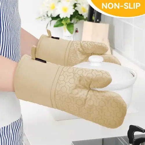 Oven Mitts and Pot Holders Sets 6pcs, Kitchen Oven Glove,High Heat Resistant 550 Degree Extra Long Oven Mitts and Potholders with Non-Slip Silicone Surface for Home Essentials (Grey) (Khaki) - 5
