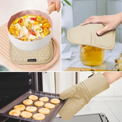 Oven Mitts and Pot Holders Sets 6pcs, Kitchen Oven Glove,High Heat Resistant 550 Degree Extra Long Oven Mitts and Potholders with Non-Slip Silicone Surface for Home Essentials (Grey) (Khaki) - 6