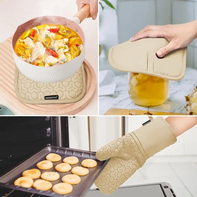Oven Mitts and Pot Holders Sets 6pcs, Kitchen Oven Glove,High Heat Resistant 550 Degree Extra Long Oven Mitts and Potholders with Non-Slip Silicone Surface for Home Essentials (Grey) (Khaki) - 6