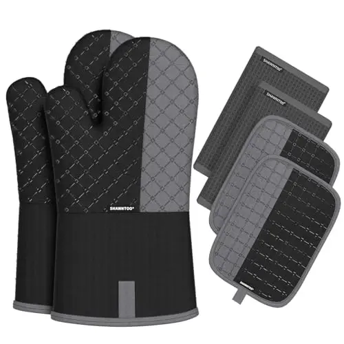 Oven Mitts and Pot Holders Sets 6pcs, Kitchen Oven Glove,High Heat Resistant 550 Degree Extra Long Oven Mitts and Potholders with Non-Slip Silicone Surface for Home Essentials (Grey) (Matte Black) - SHAWNTOO