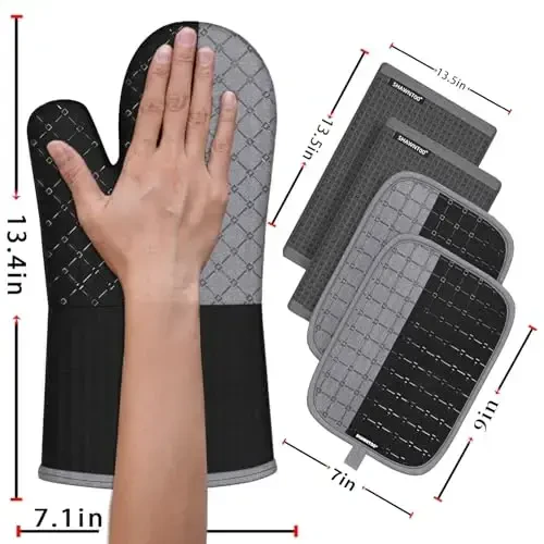 Oven Mitts and Pot Holders Sets 6pcs, Kitchen Oven Glove,High Heat Resistant 550 Degree Extra Long Oven Mitts and Potholders with Non-Slip Silicone Surface for Home Essentials (Grey) (Matte Black) - 2
