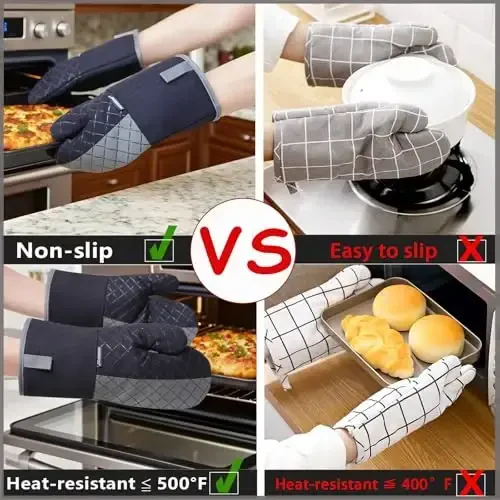 Oven Mitts and Pot Holders Sets 6pcs, Kitchen Oven Glove,High Heat Resistant 550 Degree Extra Long Oven Mitts and Potholders with Non-Slip Silicone Surface for Home Essentials (Grey) (Matte Black) - 4