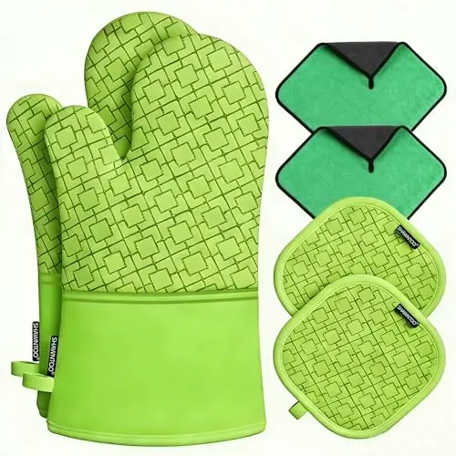 Oven Mitts and Pot Holders Sets 6pcs, Kitchen Oven Glove,High Heat Resistant 550 Degree Extra Long Oven Mitts and Potholders with Non-Slip Silicone Surface for Home Essentials (Grey) (Meadow Green) - 1