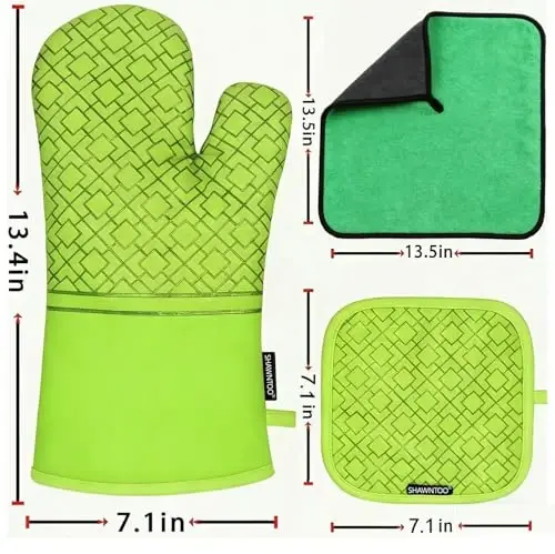 Oven Mitts and Pot Holders Sets 6pcs, Kitchen Oven Glove,High Heat Resistant 550 Degree Extra Long Oven Mitts and Potholders with Non-Slip Silicone Surface for Home Essentials (Grey) (Meadow Green) - 3