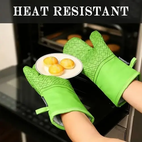 Oven Mitts and Pot Holders Sets 6pcs, Kitchen Oven Glove,High Heat Resistant 550 Degree Extra Long Oven Mitts and Potholders with Non-Slip Silicone Surface for Home Essentials (Grey) (Meadow Green) - 4