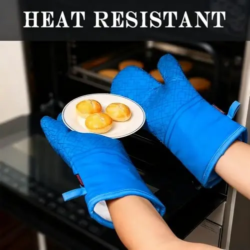 Oven Mitts and Pot Holders Sets 6pcs, Kitchen Oven Glove,High Heat Resistant 550 Degree Extra Long Oven Mitts and Potholders with Non-Slip Silicone Surface for Home Essentials (Grey) (Navy Blue) - 4