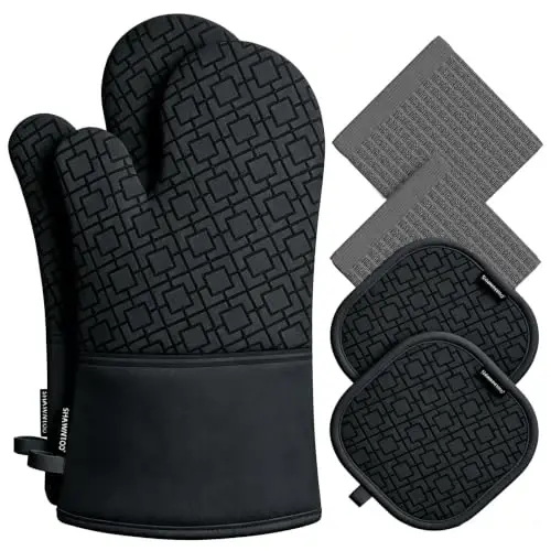 Oven Mitts and Pot Holders Sets 6pcs, Kitchen Oven Glove,High Heat Resistant 550 Degree Extra Long Oven Mitts and Potholders with Non-Slip Silicone Surface for Home Essentials (Matte Black) - 1