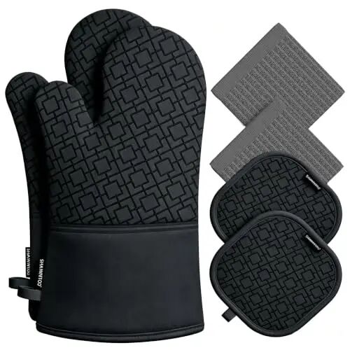 Oven Mitts and Pot Holders Sets 6pcs, Kitchen Oven Glove,High Heat Resistant 550 Degree Extra Long Oven Mitts and Potholders with Non-Slip Silicone Surface for Home Essentials (Matte Black) - SHAWNTOO