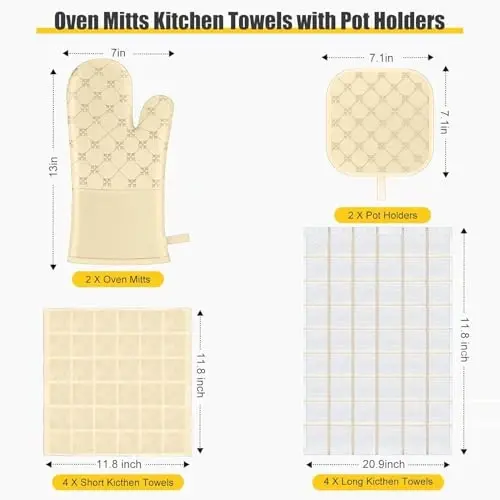 Oven Mitts Kitchen Towels Dishcloths with Pot Holders Sets 12PCS, Dish Towels Sets, Oven Gloves Pot Pads Heat Resistant 500 Degrees with Non-Slip Silicone Surface for Cooking Baking Grilling-Beige - 2