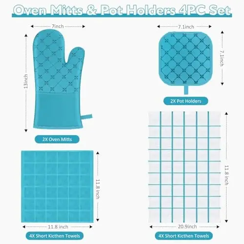 Oven Mitts Kitchen Towels Dishcloths with Pot Holders Sets 12PCS, Dish Towels Sets, Oven Gloves Pot Pads Heat Resistant 500 Degrees with Non-Slip Silicone Surface for Cooking Baking Grilling (Blue) - 2