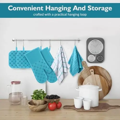 Oven Mitts Kitchen Towels Dishcloths with Pot Holders Sets 12PCS, Dish Towels Sets, Oven Gloves Pot Pads Heat Resistant 500 Degrees with Non-Slip Silicone Surface for Cooking Baking Grilling (Blue) - 6