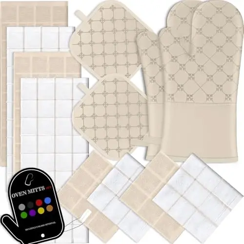 Oven Mitts Kitchen Towels Dishcloths with Pot Holders Sets 12PCS, Dish Towels Sets, Oven Gloves Pot Pads Heat Resistant 500 Degrees with Non-Slip Silicone Surface for Cooking Baking Grilling-Milkshake 