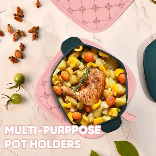 Oven Mitts Kitchen Towels Dishcloths with Pot Holders Sets 12PCS, Dish Towels Sets, Oven Gloves Pot Pads Heat Resistant 500 Degrees with Non-Slip Silicone Surface for Cooking Baking Grilling-Pink - 4