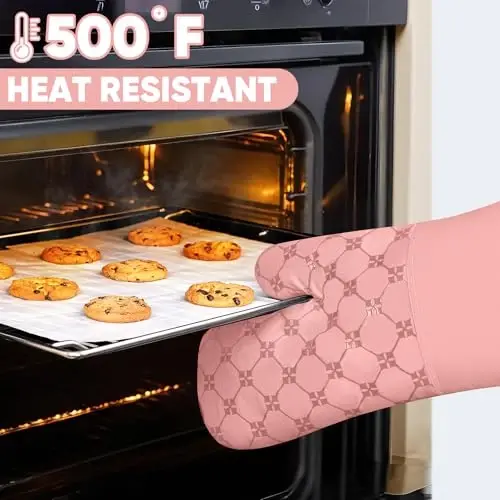Oven Mitts Kitchen Towels Dishcloths with Pot Holders Sets 12PCS, Dish Towels Sets, Oven Gloves Pot Pads Heat Resistant 500 Degrees with Non-Slip Silicone Surface for Cooking Baking Grilling-Pink - 5