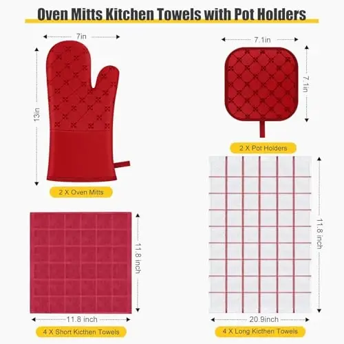 Oven Mitts Kitchen Towels Dishcloths with Pot Holders Sets 12PCS, Dish Towels Sets, Oven Gloves Pot Pads Heat Resistant 500 Degrees with Non-Slip Silicone Surface for Cooking Baking Grilling Red - 2