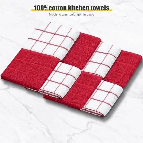 Oven Mitts Kitchen Towels Dishcloths with Pot Holders Sets 12PCS, Dish Towels Sets, Oven Gloves Pot Pads Heat Resistant 500 Degrees with Non-Slip Silicone Surface for Cooking Baking Grilling Red - 3