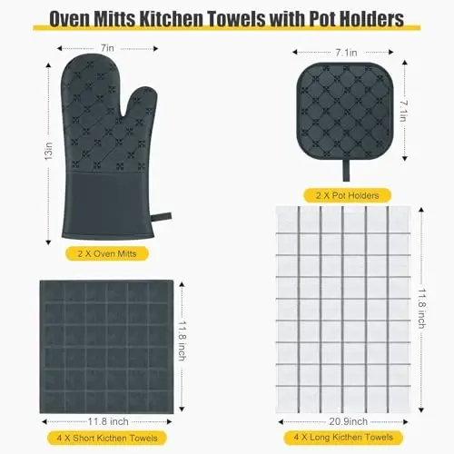 Oven Mitts Kitchen Towels Dishcloths with Pot Holders Sets 12PCS,Dish Towels Sets,Oven Gloves Pot Pads Heat Resistant 500 Degrees with Non-Slip Silicone Surface for Cooking Baking Grilling-Deep Green - 2