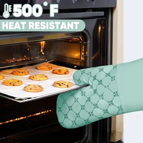 Oven Mitts Kitchen Towels Dishcloths with Pot Holders Sets 12PCS,Dish Towels Sets,Oven Gloves Pot Pads Heat Resistant 500 Degrees with Non-Slip Silicone Surface for Cooking Baking Grilling-Mint Green - 4