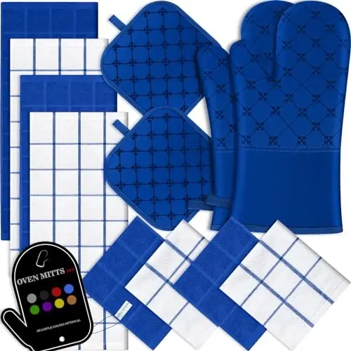 Oven Mitts Kitchen Towels Dishcloths with Pot Holders Sets, Dish Towels Sets, Oven Gloves Pot Pads Heat Resistant 500 Degrees with Non-Slip Silicone Surface for Cooking Baking Grilling-Royal Blue - MODAZONE