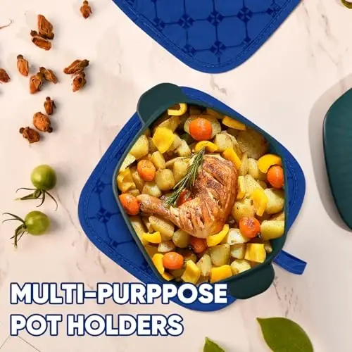Oven Mitts Kitchen Towels Dishcloths with Pot Holders Sets, Dish Towels Sets, Oven Gloves Pot Pads Heat Resistant 500 Degrees with Non-Slip Silicone Surface for Cooking Baking Grilling-Royal Blue - 5