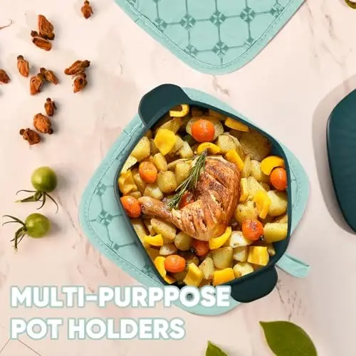 Oven Mitts oshxona sochiqlari Idish sochiqlari Pech tutqichlari to'plamlari 12 dona, Idish sochiqlari to'plamlari, Pech qo'lqoplari Qozon tagliklari Issiqlikka chidamli 500 daraja Sirpanmaydigan silikon yuzali pishirish pishirish panjarasi uchun-Yalpiz yashil - 5