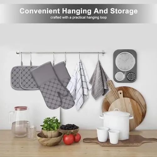 Oven Mitts Oshxona Sochiqlari Idish Sochiqlari Tutqichli Komplektlar 12 dona, Idish Sochiqlari Komplektlari, Pech Qo'lqoplari Issiqlikka Chidamli 500 Daraja bo'lgan Sirpanmaydigan Silikon Yuzali Pishirish Panjarasi - Kulrang - 6