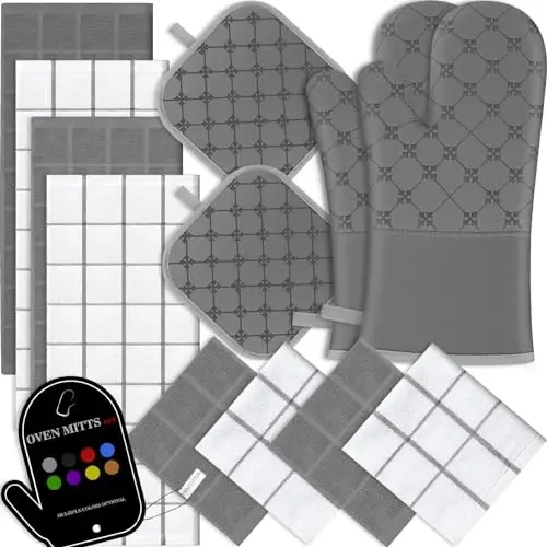 Oven Mitts Oshxona Sochiqlari Idish Sochiqlari Tutqichli Komplektlar 12 dona, Idish Sochiqlari Komplektlari, Pech Qo'lqoplari Issiqlikka Chidamli 500 Daraja bo'lgan Sirpanmaydigan Silikon Yuzali Pishirish Panjarasi - Kulrang 