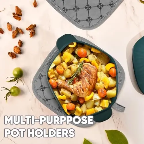 Oven Mitts Oshxona Sochiqlari Idish Sochiqlari Tutqichli Komplektlar 12 dona, Idish Sochiqlari Komplektlari, Pech Qo'lqoplari Issiqlikka Chidamli 500 Daraja bo'lgan Sirpanmaydigan Silikon Yuzali Pishirish Panjarasi - Kulrang - 4